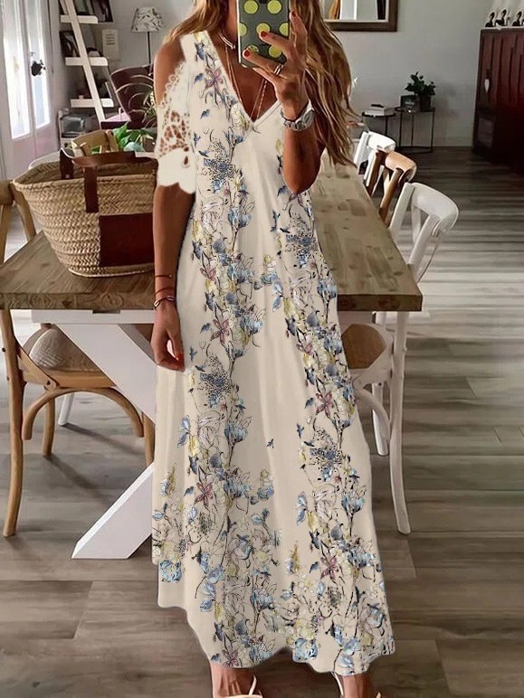 Fashion Short Sleeve Printed Bohemian Sexy Casual  Maxi Dress
