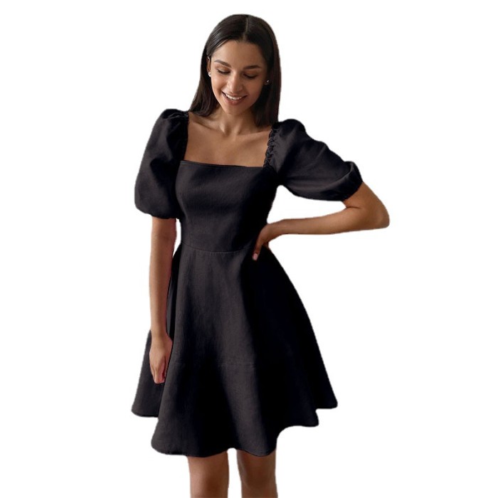 New Solid Color Short-sleeved Square-neck Dress