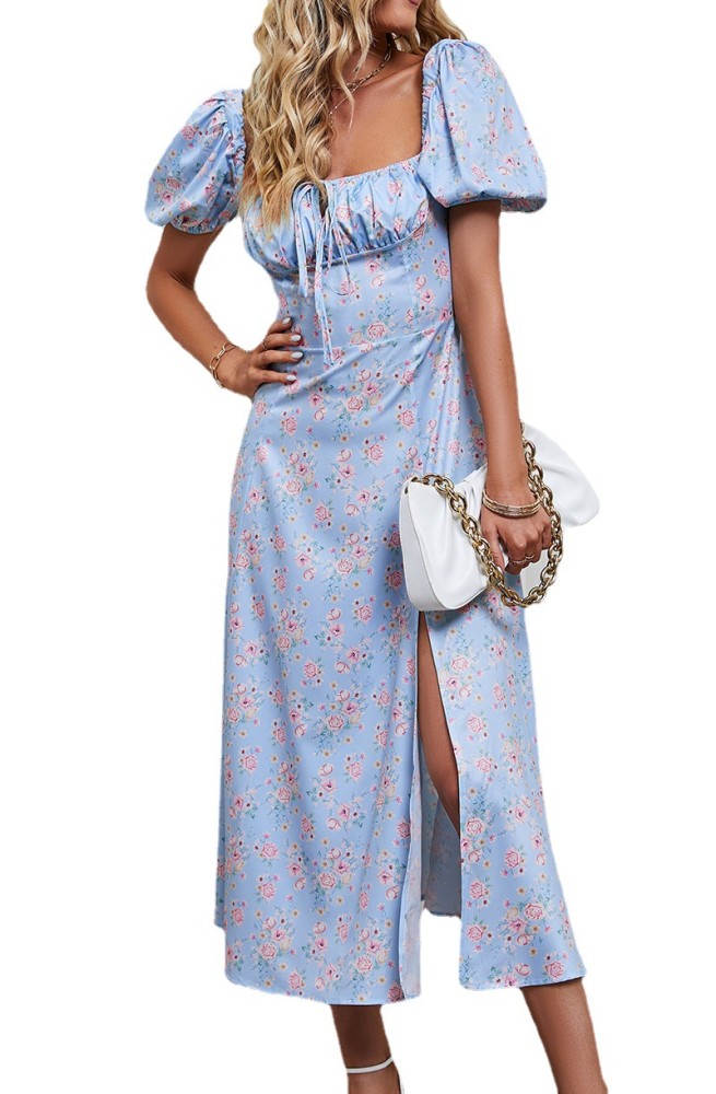 New Stylish Puff Sleeves Strappy Bandeau Split Floral Dress