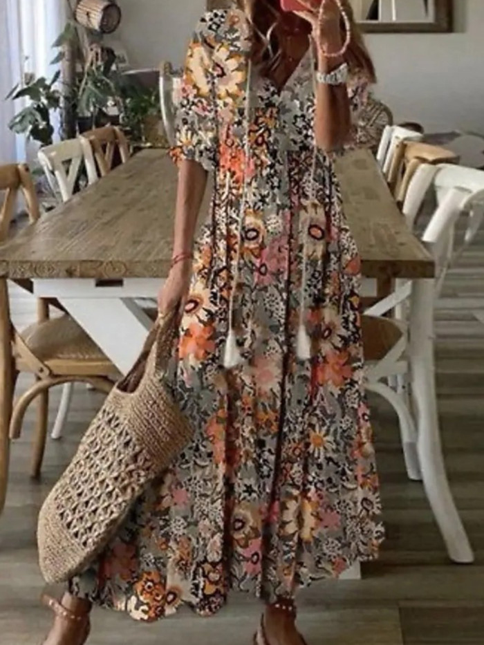 Elegant V Neck Tassel Loose Printed Boho Style Hollow Lace Maxi Dress
