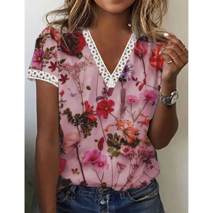 Sexy V Neck Floral Print Lace Loose Fashion Retro Casual  Blouses & Shirts