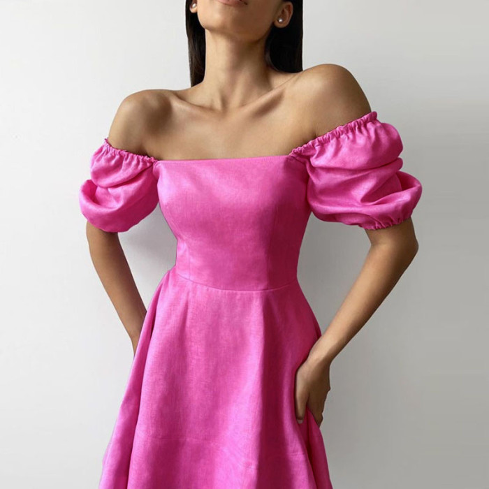 New Solid Color Short-sleeved Square-neck Dress
