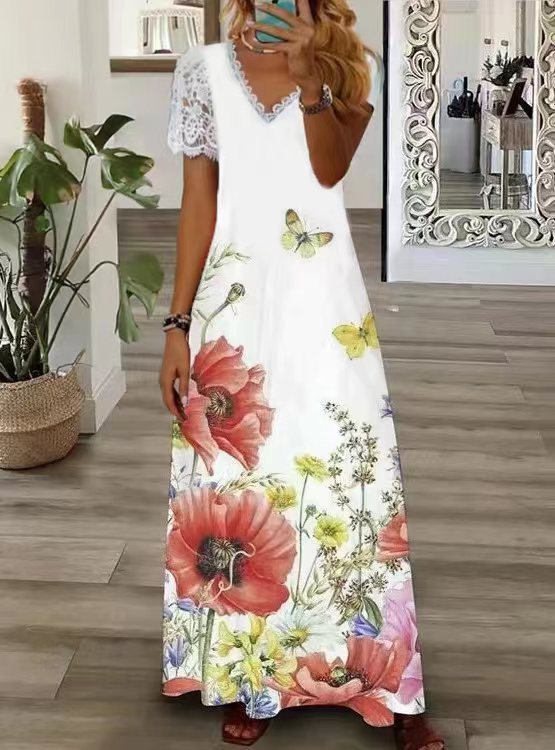 Women's Bohemian Style Fashion V Neck Lace Printed  Maxi Dress