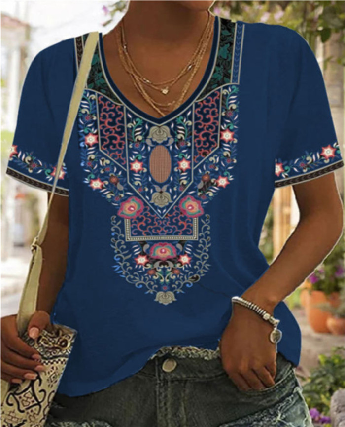 Fashion Pullover V Neck Loose Ethnic Style Printed Short-sleeved T-shirt