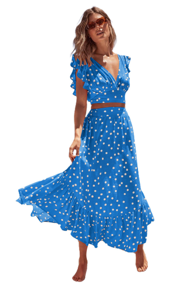 V-neck Ruffles Sleeves Dot Print 2 Pieces Set Elastic Long Skirts