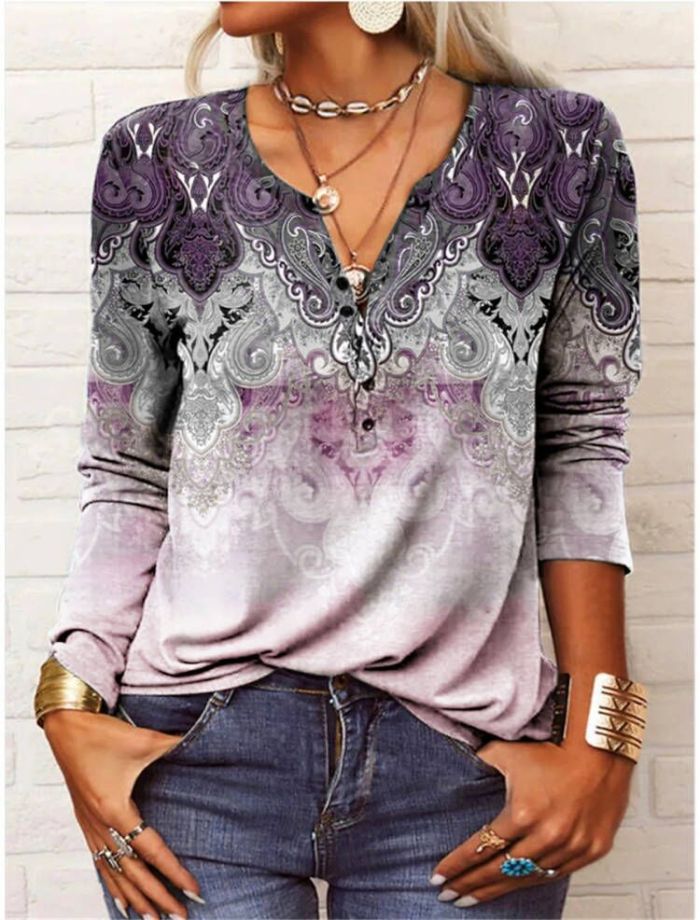 Vintage V Neck Casual Long Sleeve  Printed Pullover Blouse
