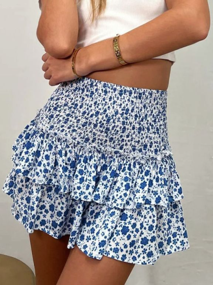 Fashion Elegant Printed Pleated Ruffle Casual High Waist Sexy Mini Skirt
