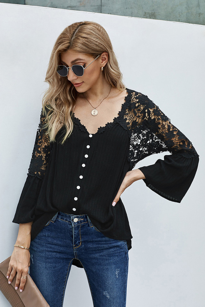 Ladies Fashion Cutout Lace Vintage V Neck Bell Sleeve  Blouses