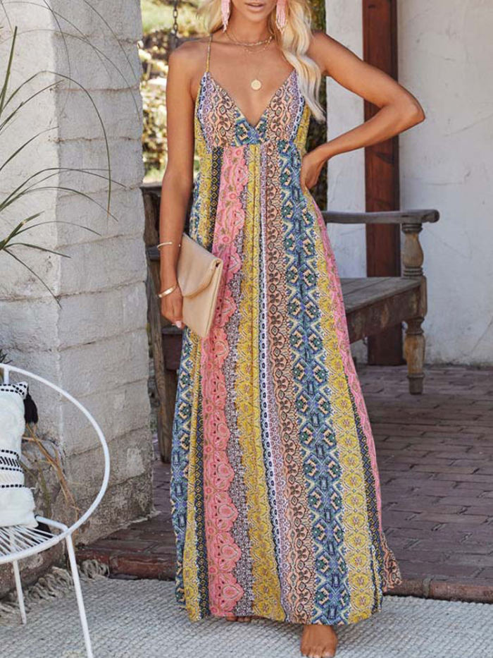 Trendy Elegant Boho Party Beach Vacation V Neck Printed Floral  Maxi Dress