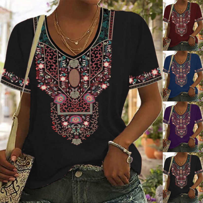 Fashion Pullover V Neck Loose Ethnic Style Printed Short-sleeved T-shirt