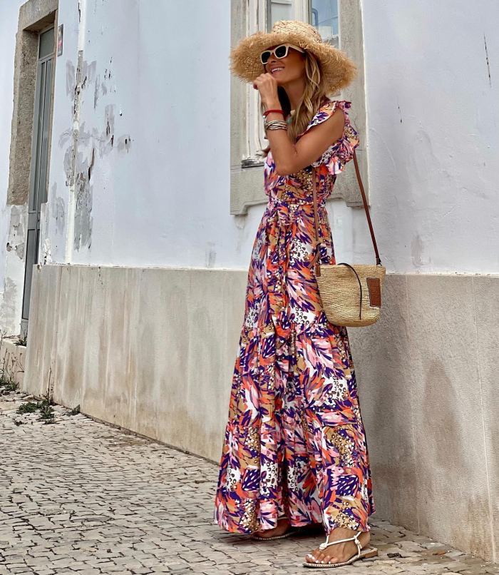 Fashion Retro Elegant V Neck Beach Sexy Casual  Maxi Dress