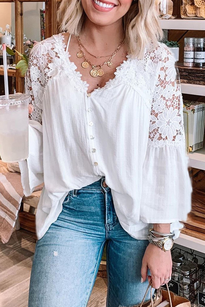 Ladies Fashion Cutout Lace Vintage V Neck Bell Sleeve  Blouses