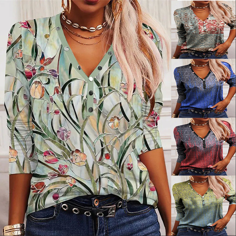 Women's Fashion Casual V-Neck Retro Floral Loose  Blouses & Shirts
