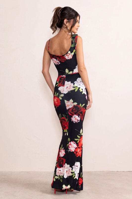 Sexy Evening Party Elegant Sling Backless Floral Bodycon Maxi Dress