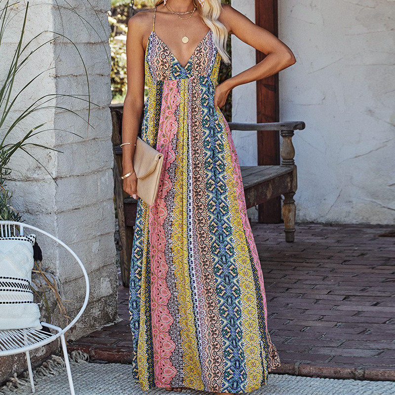 Trendy Elegant Boho Party Beach Vacation V Neck Printed Floral  Maxi Dress