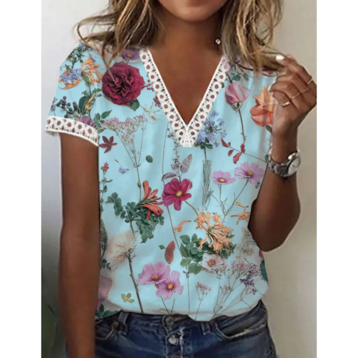 Sexy V Neck Floral Print Lace Loose Fashion Retro Casual  Blouses & Shirts