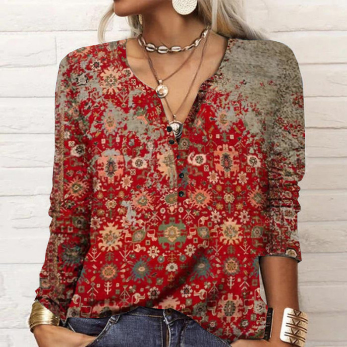 Vintage V Neck Casual Long Sleeve  Printed Pullover Blouse