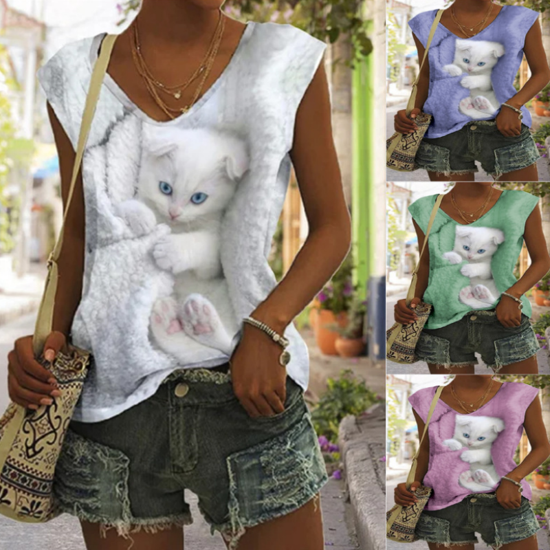 Fashion Print Sexy V Neck Loose Sleeveless Top T-Shirts