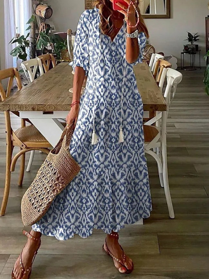 Elegant V Neck Tassel Loose Printed Boho Style Hollow Lace Maxi Dress