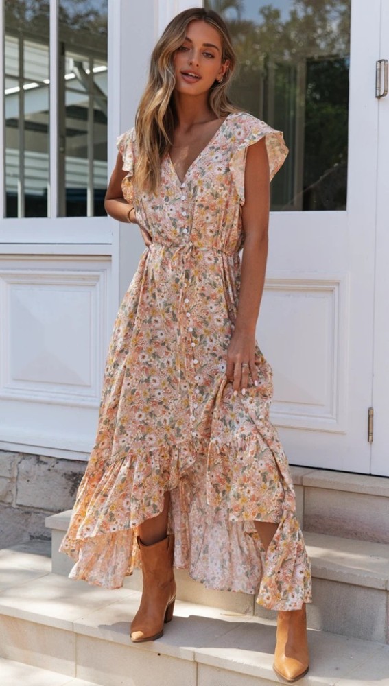 Women's Fashion Sexy V-Neck Flying Sleeve Floral Casual  Maxi Dress