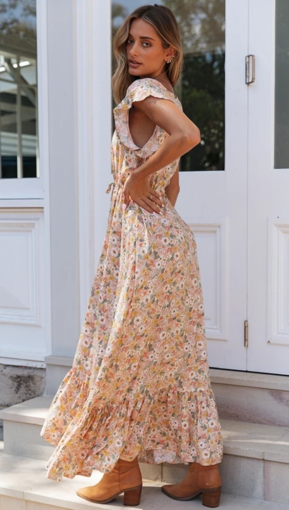 Women's Fashion Sexy V-Neck Flying Sleeve Floral Casual  Maxi Dress