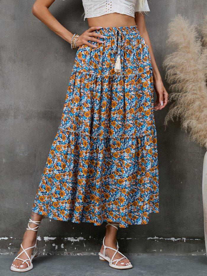 Fashion Vacation Bohemian Casual Loose Fungus Pleated Floral Skirt