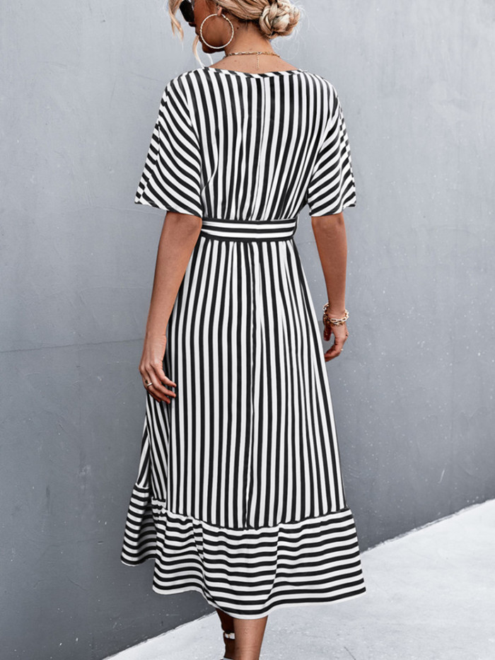 New Elegant Striped Ruffles Loose Casual V-neck Midi Dress