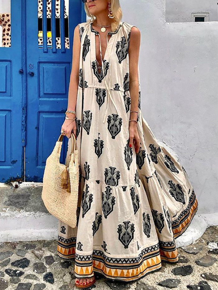 Fashion Print Beach Sundress Sexy V Neck Sleeveless Maxi Dress