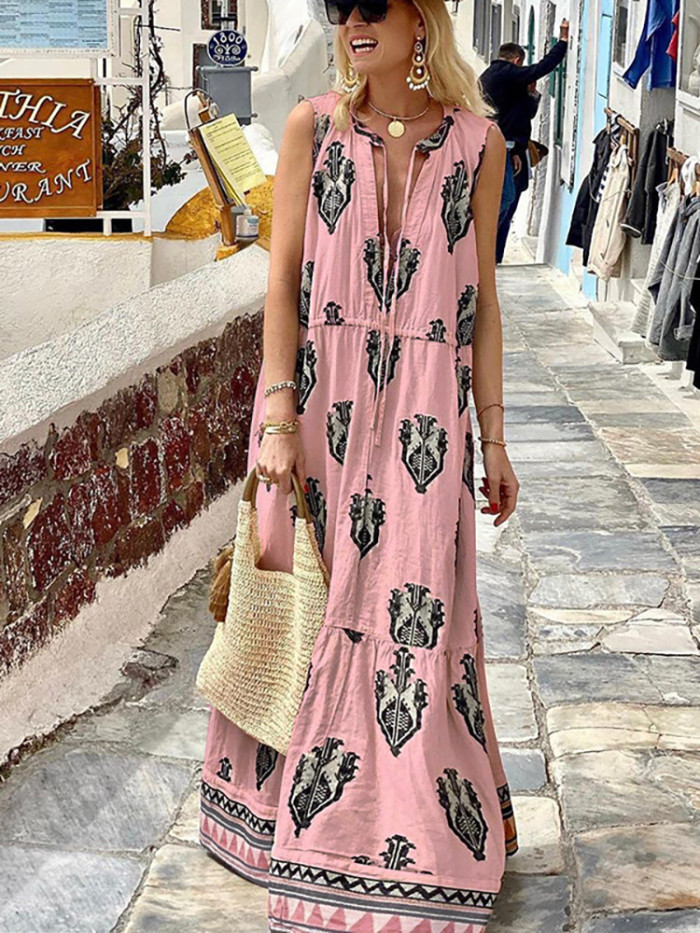 Fashion Print Beach Sundress Sexy V Neck Sleeveless Maxi Dress