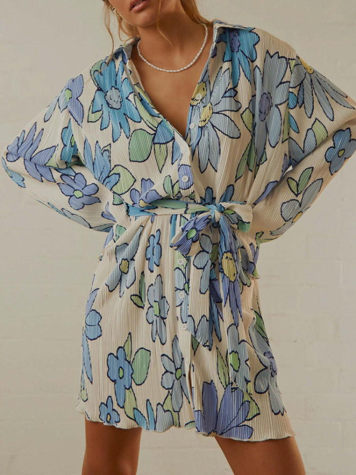 Pleated Floral Elegant Casual Long Sleeve Shirt High Waist Printed  Mini Dress