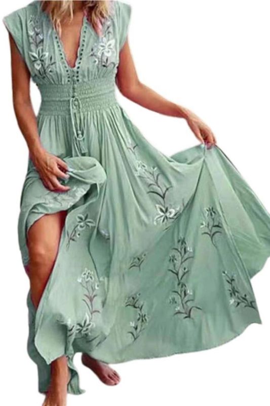 Bohemian Fashion Floral Print Lace Up Tassel Swing  Maxi Dress