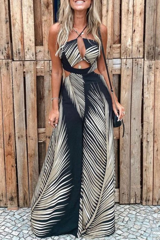 Women's Sexy Palm Leaf Print Wide Leg Jumpsuit