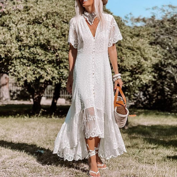 Women Solid Floral Short Sleeve Bohemian Maxi Dress