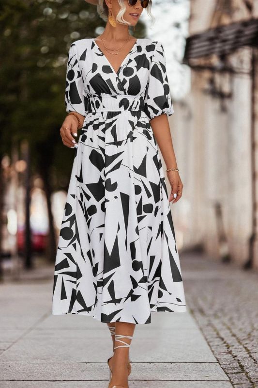 Ladies Fashion Print V Neck Casual Midi Dress