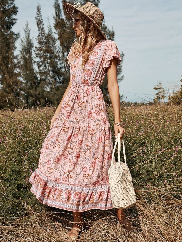 Vintage Floral Print Ruffles Casual V-neck Midi Dress