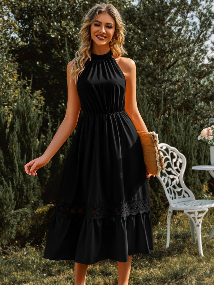 Elegant Lace Hollow Out Casual Halter Sleeveless Midi Dress