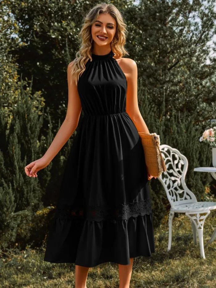 Ladies Elegant Solid Lace Hollow Out Summer Dress Casual Halter Bandage Sleeveless Midi Dress 2023 New Female Party Dress