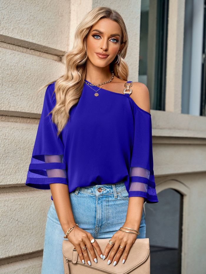 Women's Fashion Casual Solid Color Skew Collar Top Shirts