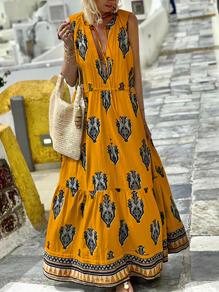 Fashion Print Beach Sundress Sexy V Neck Sleeveless Maxi Dress