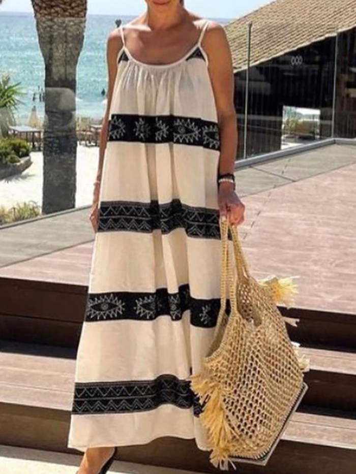 Bohemian Striped Print Beach Patchwork Sexy Sleeveless Dress