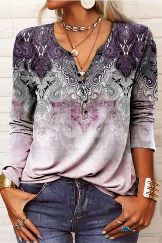 Vintage V Neck Casual Long Sleeve  Printed Pullover Blouse