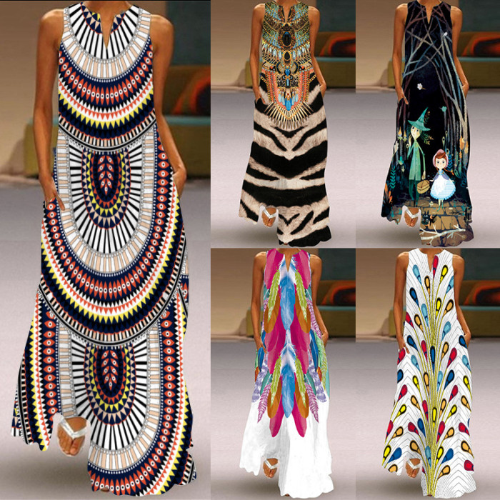 Ladies Fashion Print V Neck Sleeveless Loose  Maxi Dress