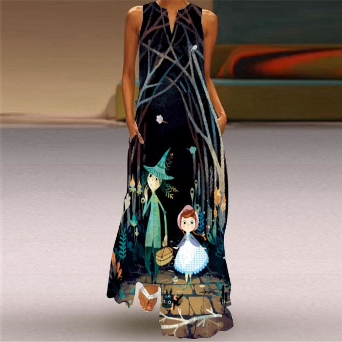 Ladies Fashion Print V Neck Sleeveless Loose  Maxi Dress