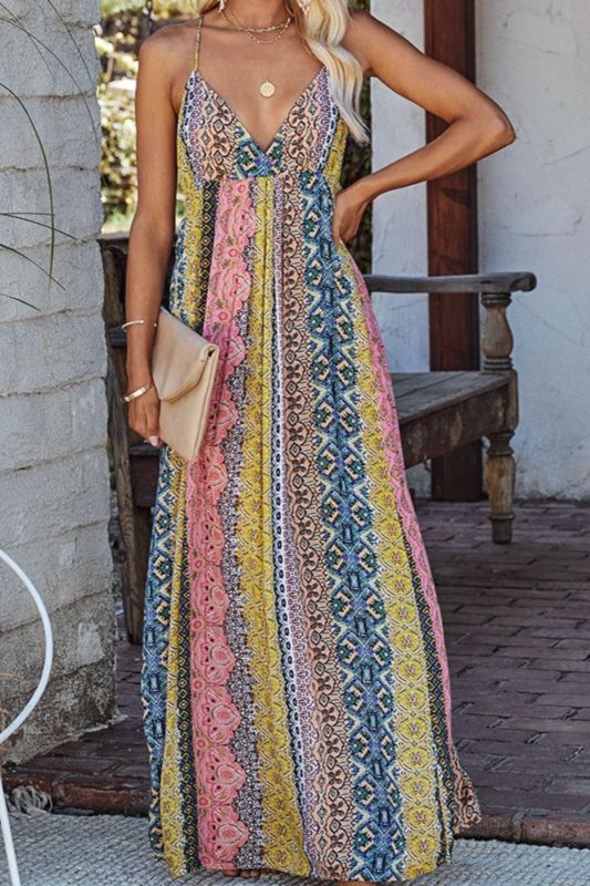 Trendy Elegant Boho Party Beach Vacation V Neck Printed Floral  Maxi Dress