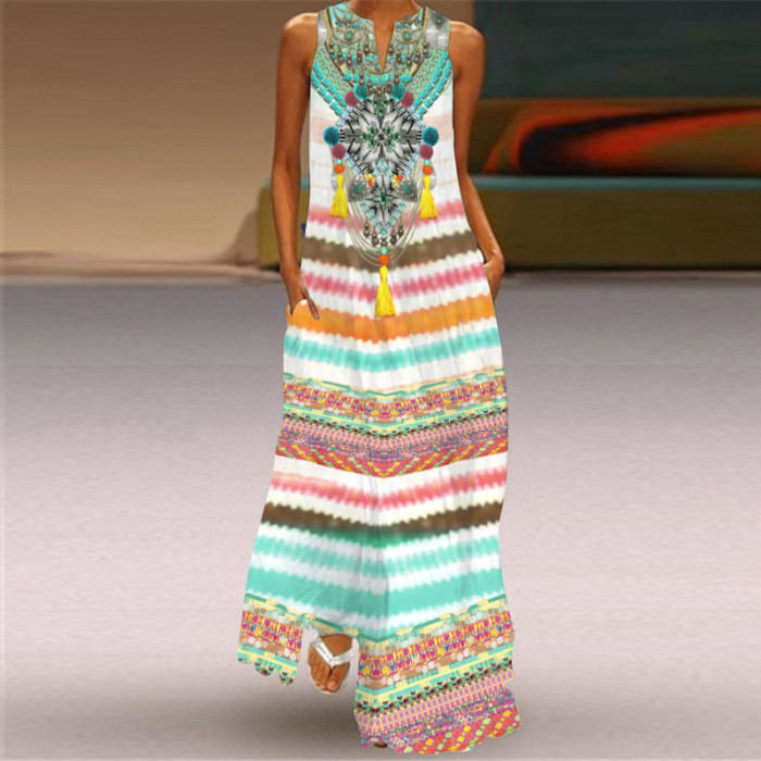 Ladies Fashion Print V Neck Sleeveless Loose  Maxi Dress