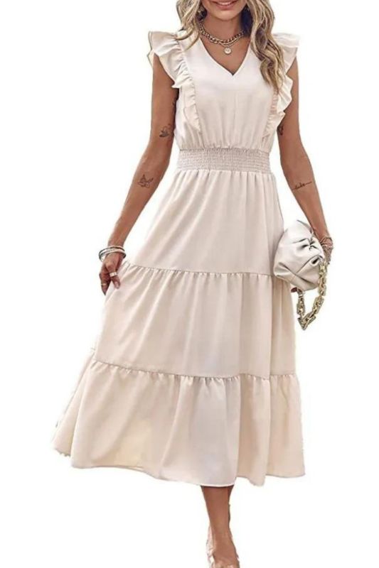 Solid Color Wooden Ear Trim Sleeveless V-Neck Fashion Casual Pleated Midi Dress