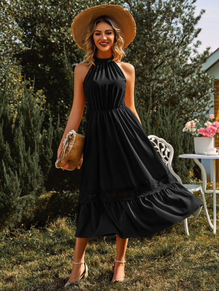 Elegant Lace Hollow Out Casual Halter Sleeveless Midi Dress