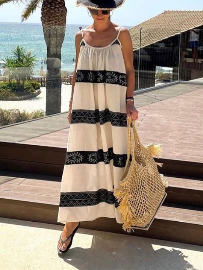 Bohemian Striped Print Beach Patchwork Sexy Sleeveless Dress