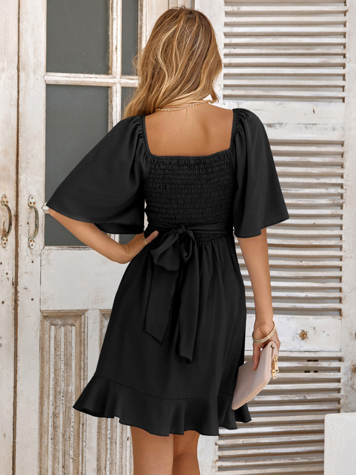 Women's V-Neck Flare Sleeve Solid Ruffle Casual Mini Dress