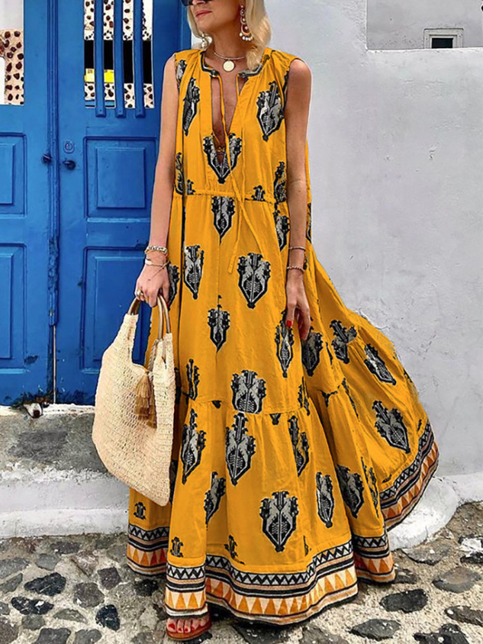 Fashion Print Beach Sundress Sexy V Neck Sleeveless Maxi Dress